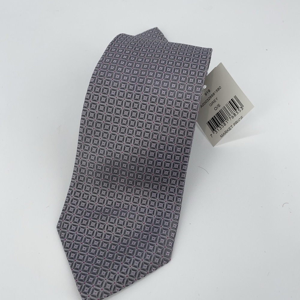 Eton Tie Mens One Size Grey Silk Geometric Pattern Made In England Necktie